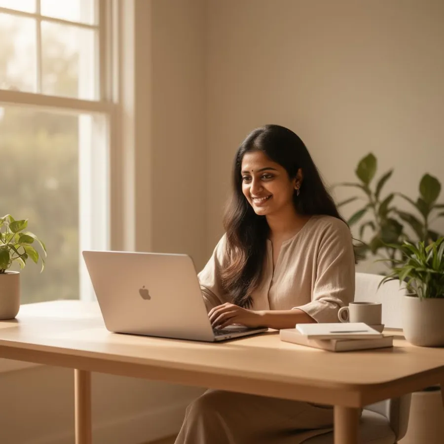 Woman building her one-person business from a sunlit home office